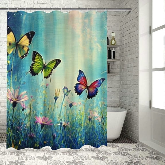 butterflies flowers field shower curtain for Bathroom Shower Curtain Set with Hooks