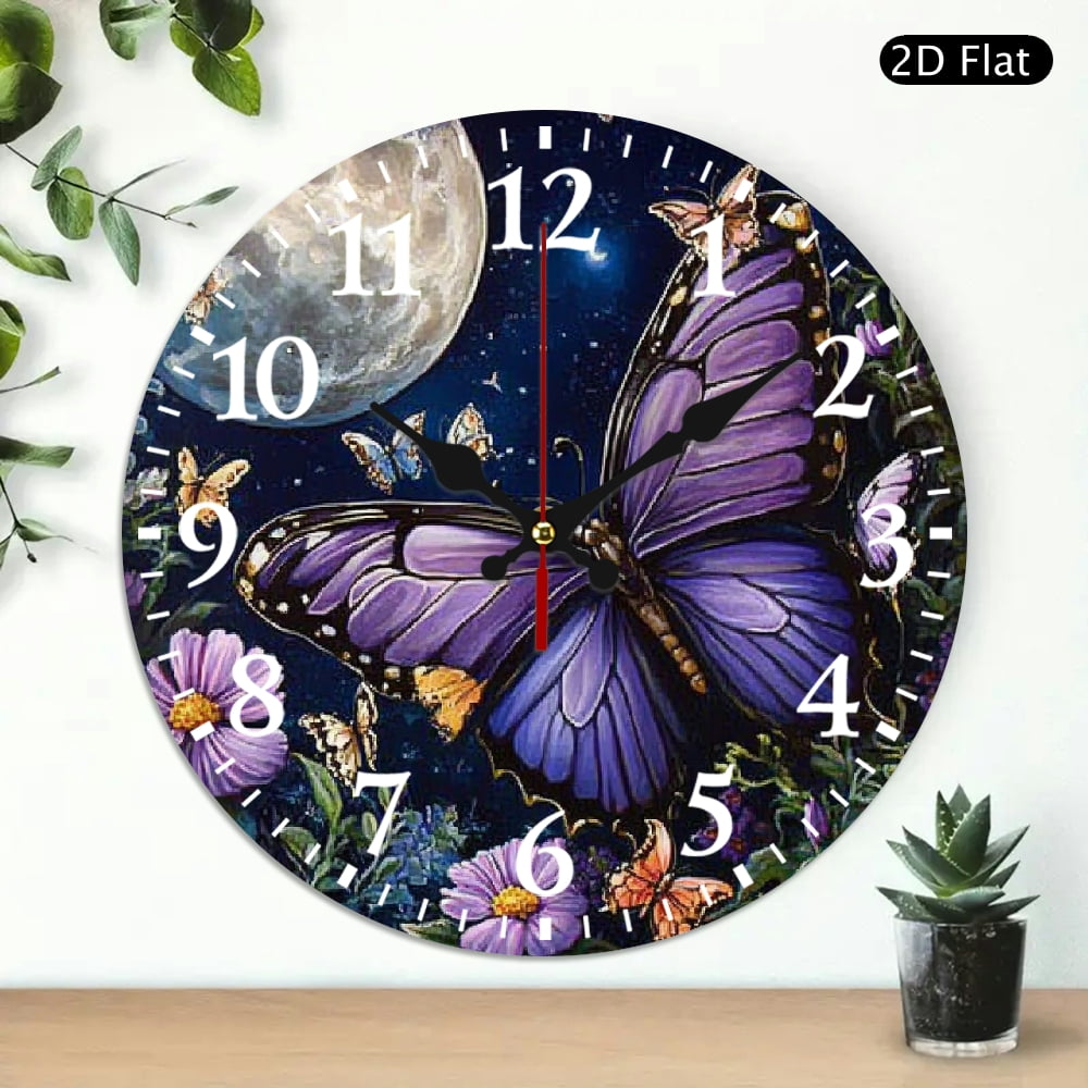 butterflies flowers moon Round Wooden Wall Clock for Home Decor, Wall