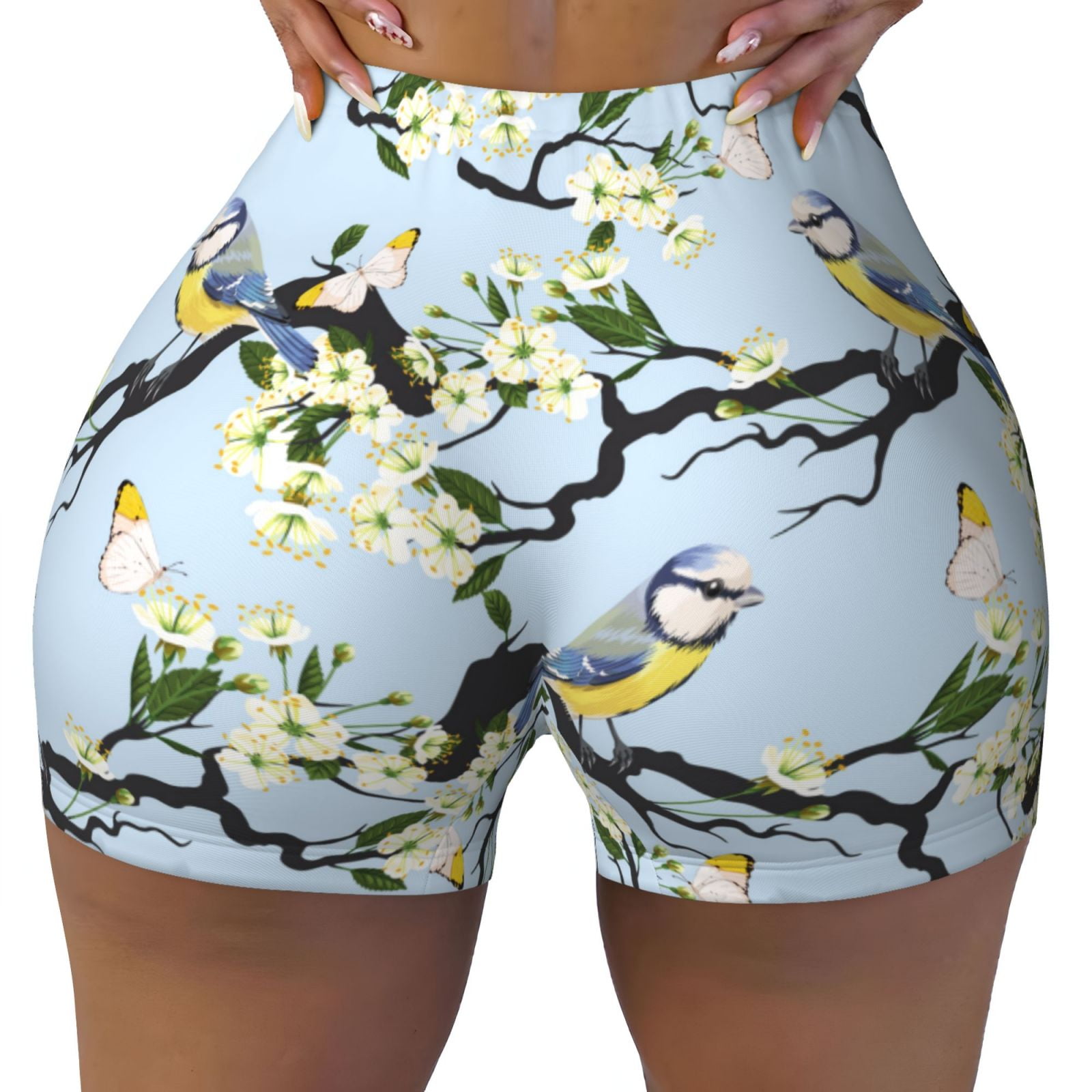 butterfly bird berry blossom blue Workout Shorts for Women Gym Yoga