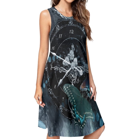 butterfly clock Spring Summer Dresses for Women Fashion T-shirt Dress Casual Sleeveless Loose Sundress with Pockets