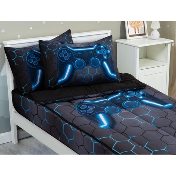 NTBED 3pcs Kids Comforter Set Zipper Bedding Set for Boys,Twin Kid Bedding Set Game Comforter Set for Kid,All in one Zipper Bedding(Grey,Twin)