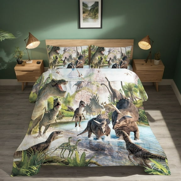 Dinosaur Comforter Set Twin Size Bedding Set Jurassic Dinosaur Print for Kids Boys Teens Soft Microfiber Bed Sets 3 Pieces