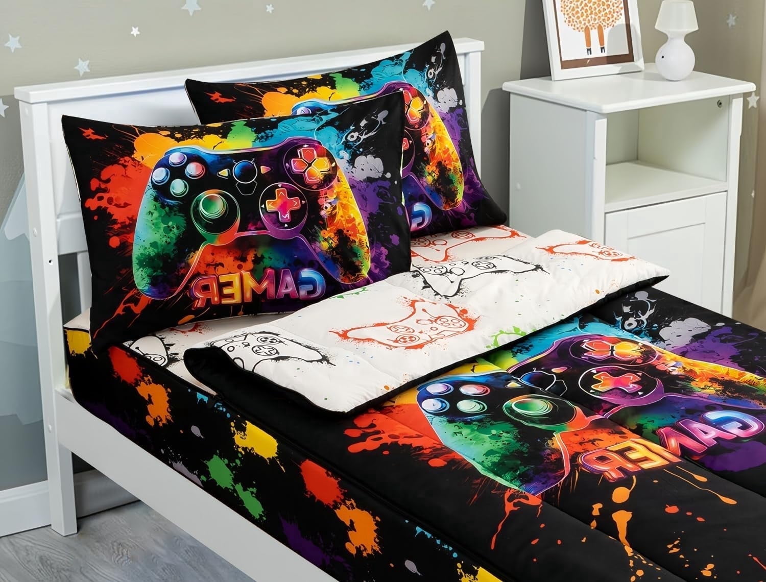 NTBED Gamer Printed Zipper Bedding Sets Twin for Kids Boys Lightweight Microfiber Tie Dye Comforter Set with Fitted Sheet Pillow Covers,Multi