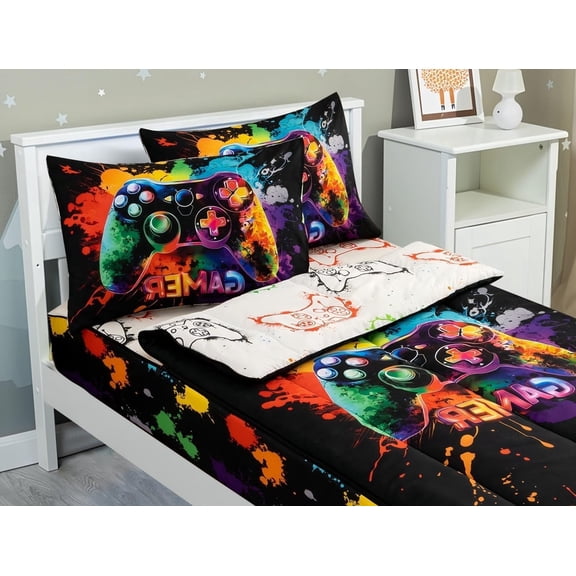 NTBED Gamer Printed Zipper Bedding Sets Twin for Kids Boys Lightweight Microfiber Tie Dye Comforter Set with Fitted Sheet Pillow Covers,Multi