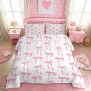 Pink Bow Comforter Set Twin Size for Girls Kids Romantic Princess Style Bowknot Bedding Set Heart Comforter Sets with 2 Pillowcases 3Pcs