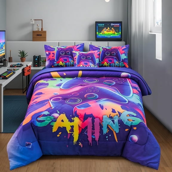 NTBED Gaming Comforter Sets for Boys Kids Bedding Sets Video Games Console Action Buttons Novelty Colorful Game Gamepad Controller Modern Gamer Room Decor Home Quilt Set (Twin 6 Pcs,Purple)