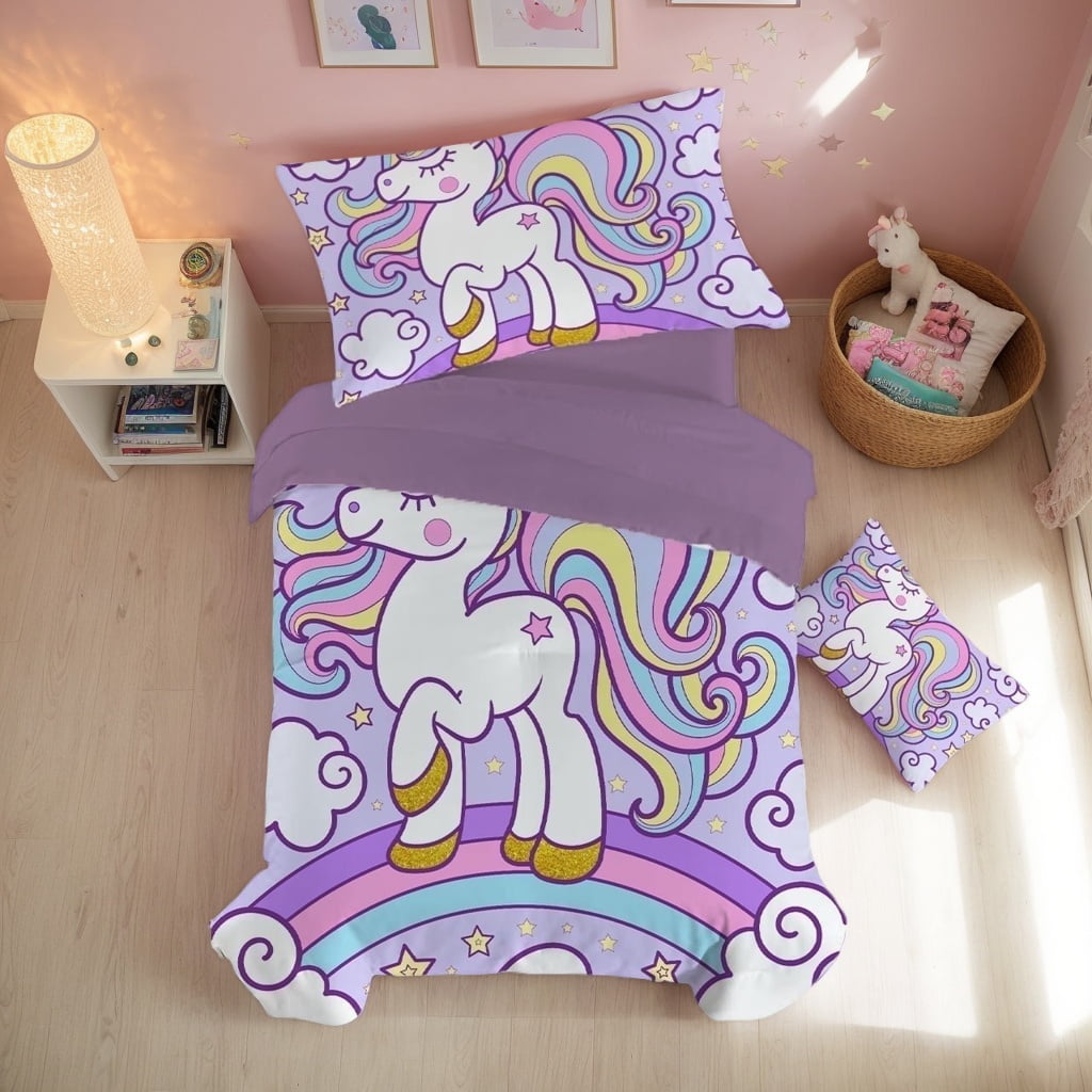 JJCOITR Rainbow Unicorn Bedding Set Twin Purple Unicorn Comforter Sets with Stars Cloud for Girls Kids Teens Children Adults Bedroom Decor All Season 3 Pieces