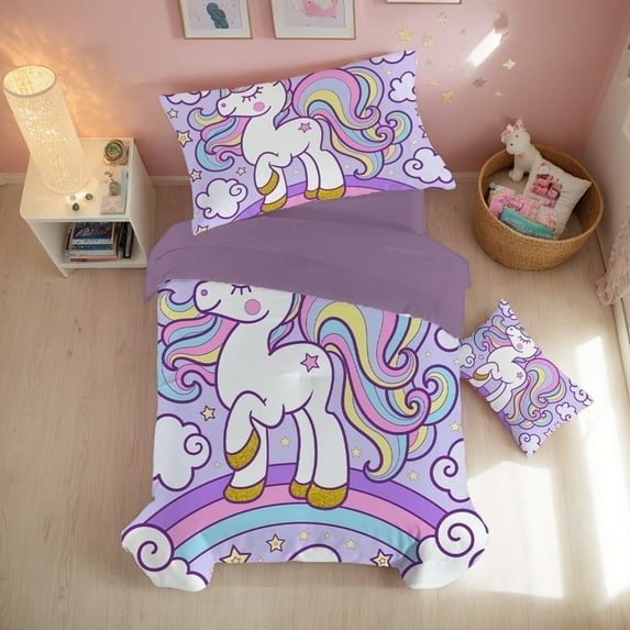 JJCOITR Rainbow Unicorn Bedding Set Full Purple Unicorn Comforter Sets with Stars Cloud for Girls Kids Teens Children Adults Bedroom Decor All Season 3 Pieces