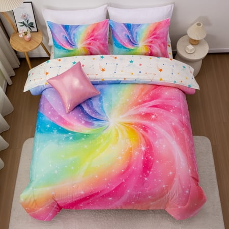 NTBED 6Pcs Twin Swirling Galaxy Dreamy Comforter Set, Colorful Rainbow Gradient Glitter Tie Dye Comforters, Ultra Soft Bedding Set (Pink, Twin 6Pcs)