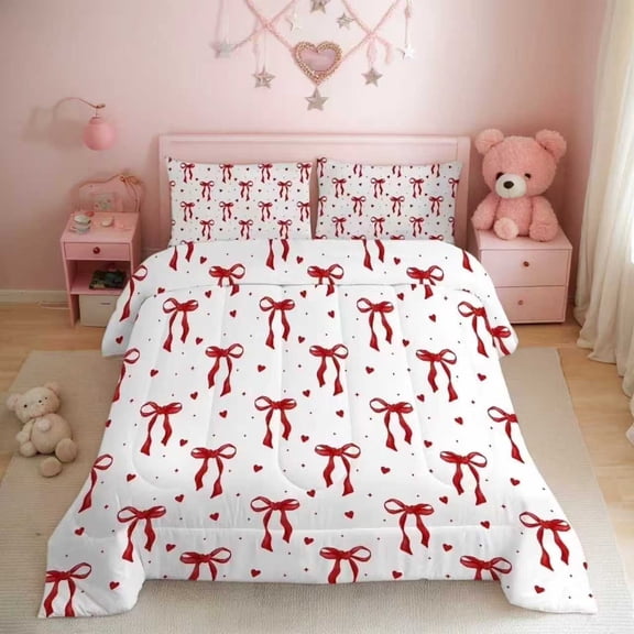 Red Bow Comforter Set Twin Size for Girls Kids Romantic Princess Style Bowknot Bedding Set Heart Comforter Sets with 2 Pillowcases 3Pcs
