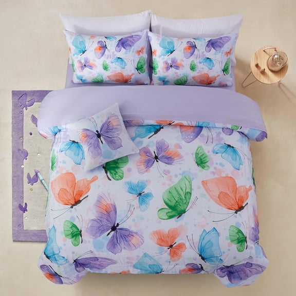 NTBED 6pcs Bed in A Bag Watercolor Ink Wash Tie-Dye Butterfly Flying Printed, Butterflies Bedding Comforter Set, Purple Green Twin