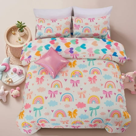 NTBED Rainbow Comforter Set Chic Bowknot for Kids Girls, Twin Size 6 Piece Bed in a Bag Soft Polyester Bedding Set with Love, Bow & Polka Dot Design, Cream