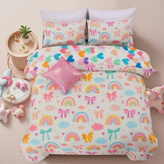 NTBED Rainbow Comforter Set Chic Bowknot for Kids Girls, Twin Size 6 Piece Bed in a Bag Soft Polyester Bedding Set with Love, Bow & Polka Dot Design, Cream