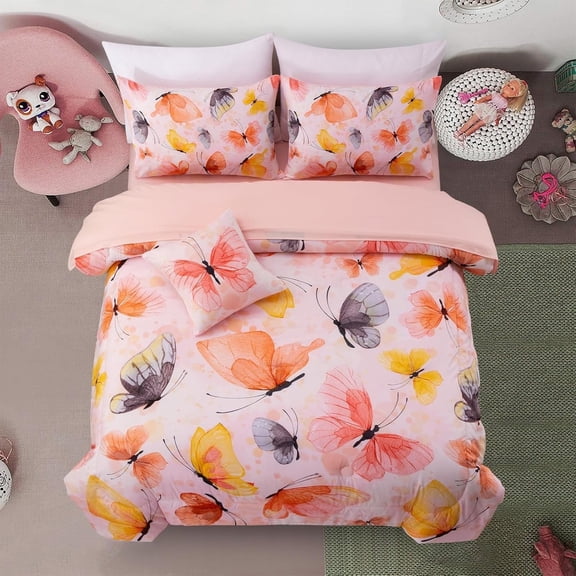 NTBED 6pcs Bed in A Bag Watercolor Ink Wash Tie-Dye Butterfly Printed, Butterflies Bedding Comforter Set, Orange Twin