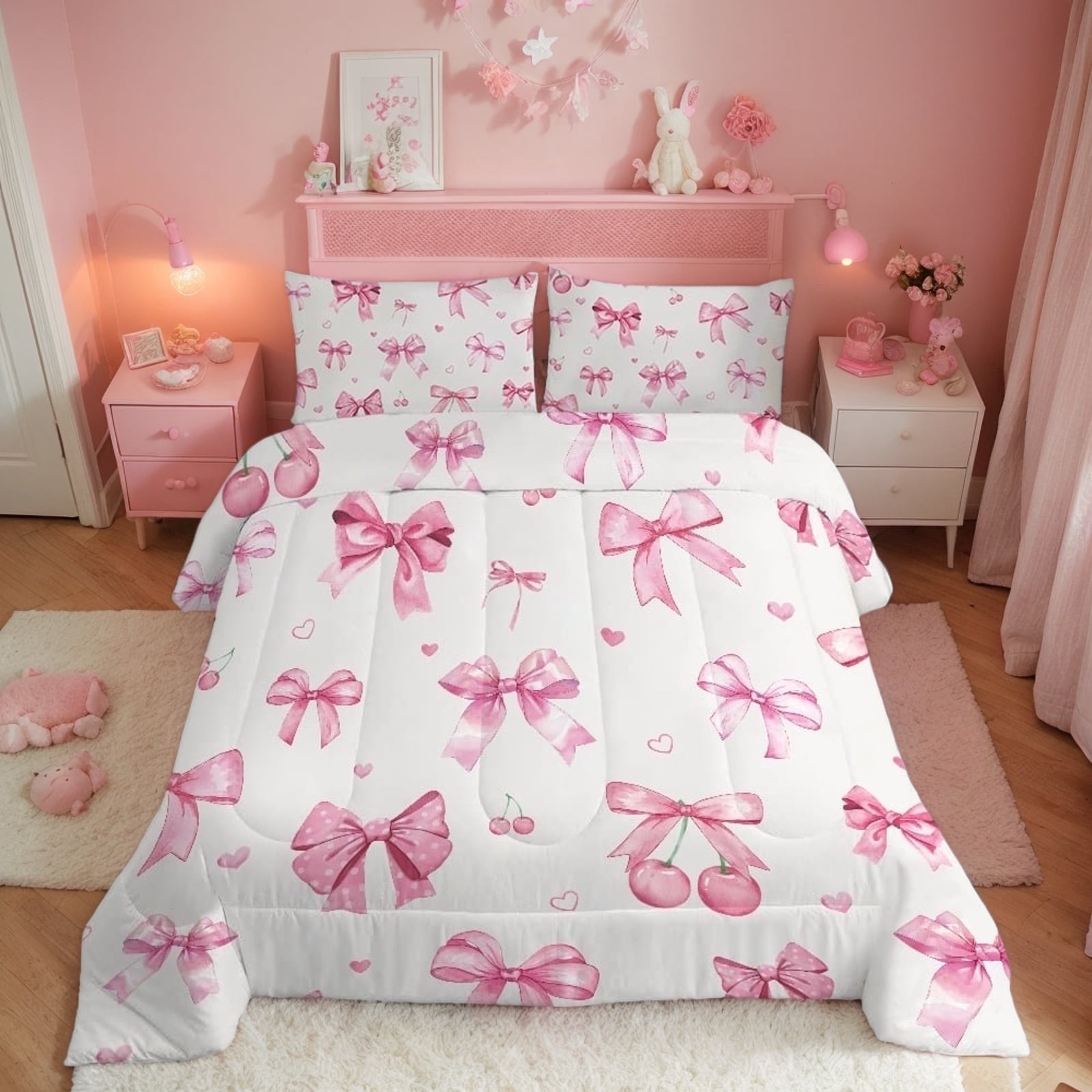 JJCOITR Twin-Size Pink Bedding Set with Cherry & Bowknot Pattern, Cheerful Design, Suitable for Boys, Girls & Teens (Including Quilt)