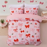 NTBED Red Bow Comforter Set,6 Piece Bed in a Bag Matching Sheet Set,Cute Ribbon Bowknot Bedding Sets,Princess Style Strawberry Printed,Light Pink Room Decor for Girls,Twin