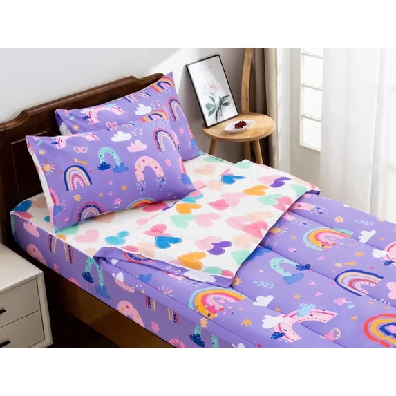NTBED 4pcs Kids Comforter Sets Zipper Bedding Set for Girls,Twin Kid Bedding Set Rainbow Flower Comforter for Kid,All in one Zipper Bedding