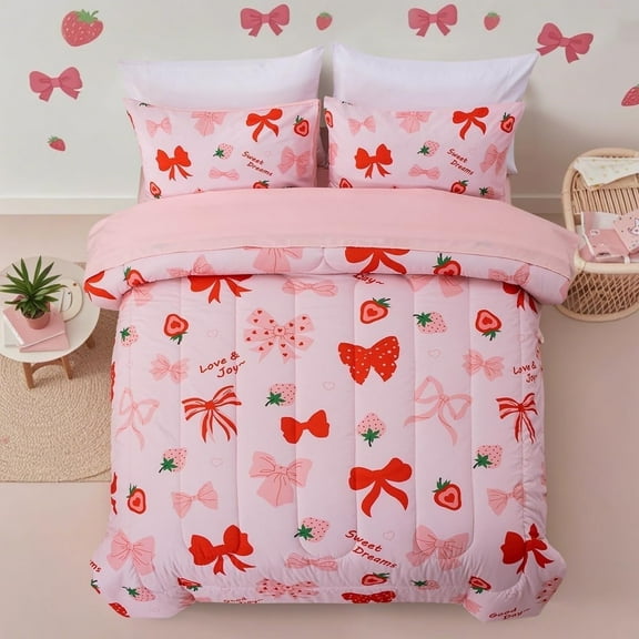 NTBED Red Bow Comforter Set,6 Piece Bed in a Bag Matching Sheet Set,Cute Ribbon Bowknot Bedding Sets,Princess Style Strawberry Printed,Light Pink Room Decor for Girls,Twin