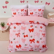 NTBED Red Bow Comforter Set,6 Piece Bed in a Bag Matching Sheet Set,Cute Ribbon Bowknot Bedding Sets,Princess Style Strawberry Printed,Light Pink Room Decor for Girls,Twin