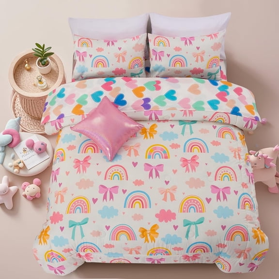 NTBED Rainbow Comforter Set Chic Bowknot for Kids Girls, Twin Size 6 Piece Bed in a Bag Soft Polyester Bedding Set with Love, Bow & Polka Dot Design, Cream