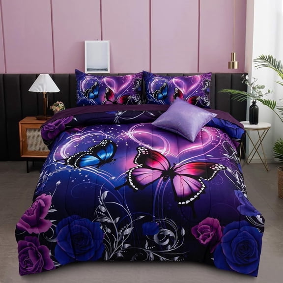NTBED Galaxy 6pcs Bed in A Bag Purple and Blue Dreamy 3D Butterfly Printed, Butterflies Bedding Full Comforter Set, for Girls Kids Teens