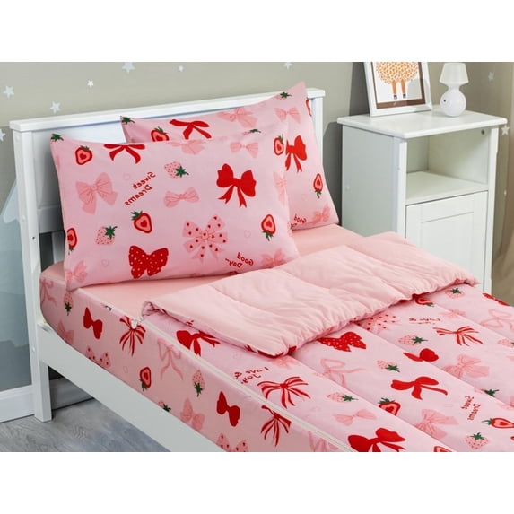 NTBED Strawberry Bow Printed Zipper Bedding Sets Twin for Kids Girls Lightweight Microfiber Butterfly Comforter Set with Fitted Sheet Pillow Covers,Pink