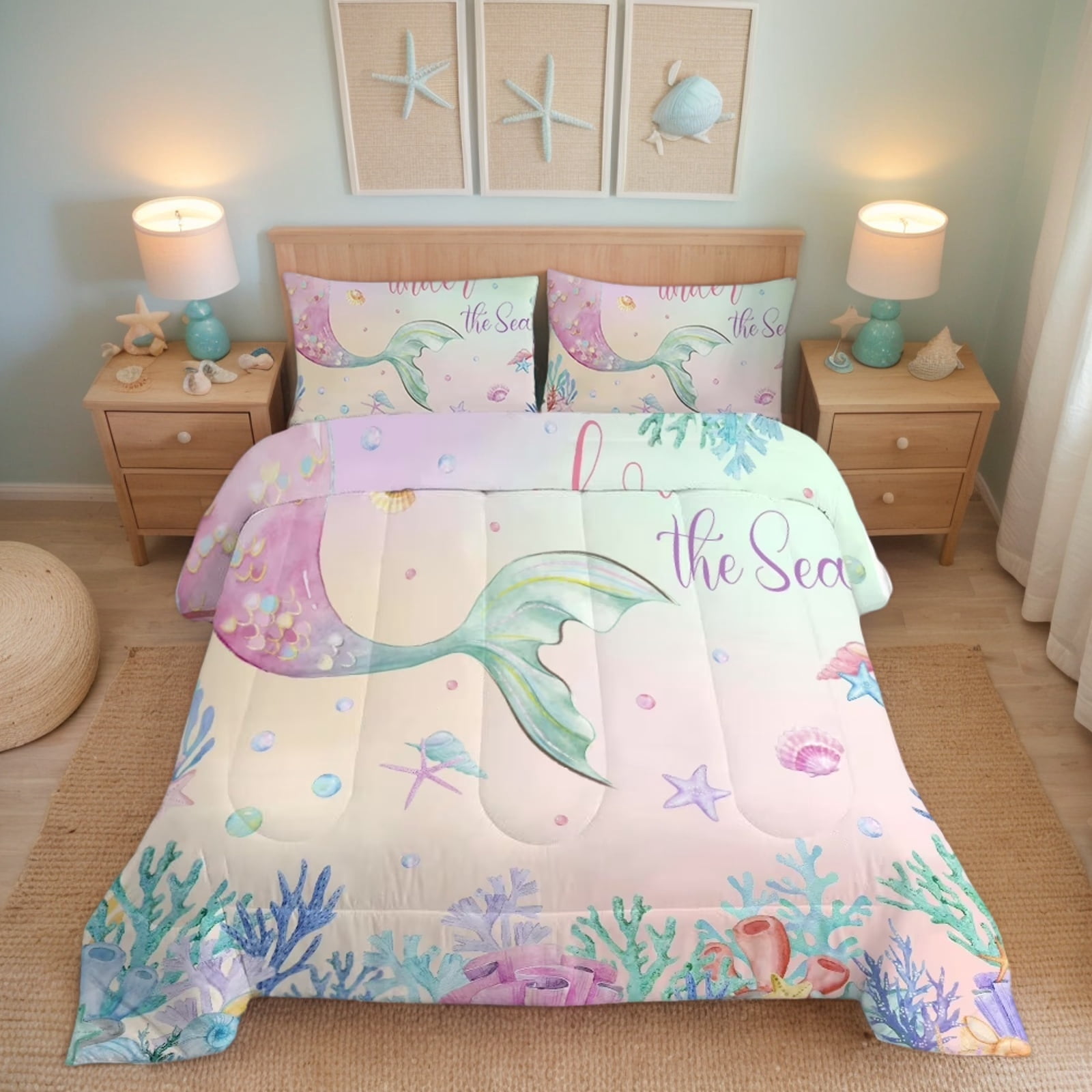 JJCOITR Cartoon Mermaid Tail Comforter Set Rainbow Twin Size Bedding Set for Kids Girls Bedroom All Season 3 Pieces