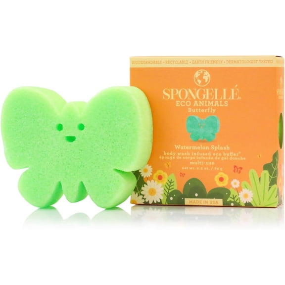 SPONGELLÉ Eco Kids Buffer Body Wash Sponge, Travel-Size Butterfly-Shaped Loofah Bath Sponge