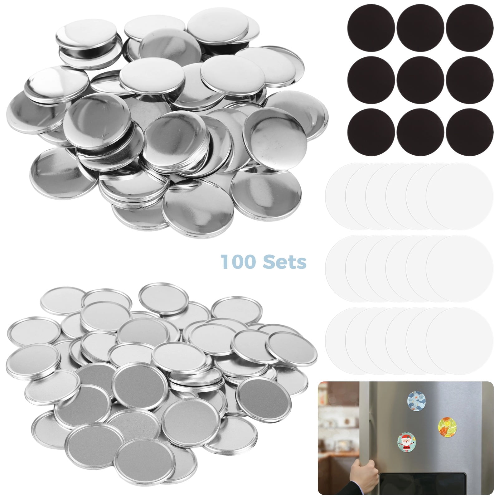 100 Sets 58mm Round Button Parts, Fridge Button Maker Machine Supplies, Button Parts Supplies for DIY Crafts Presents, Includes Frosted Covers, Adsorptive Sheets, Clear Protective Films