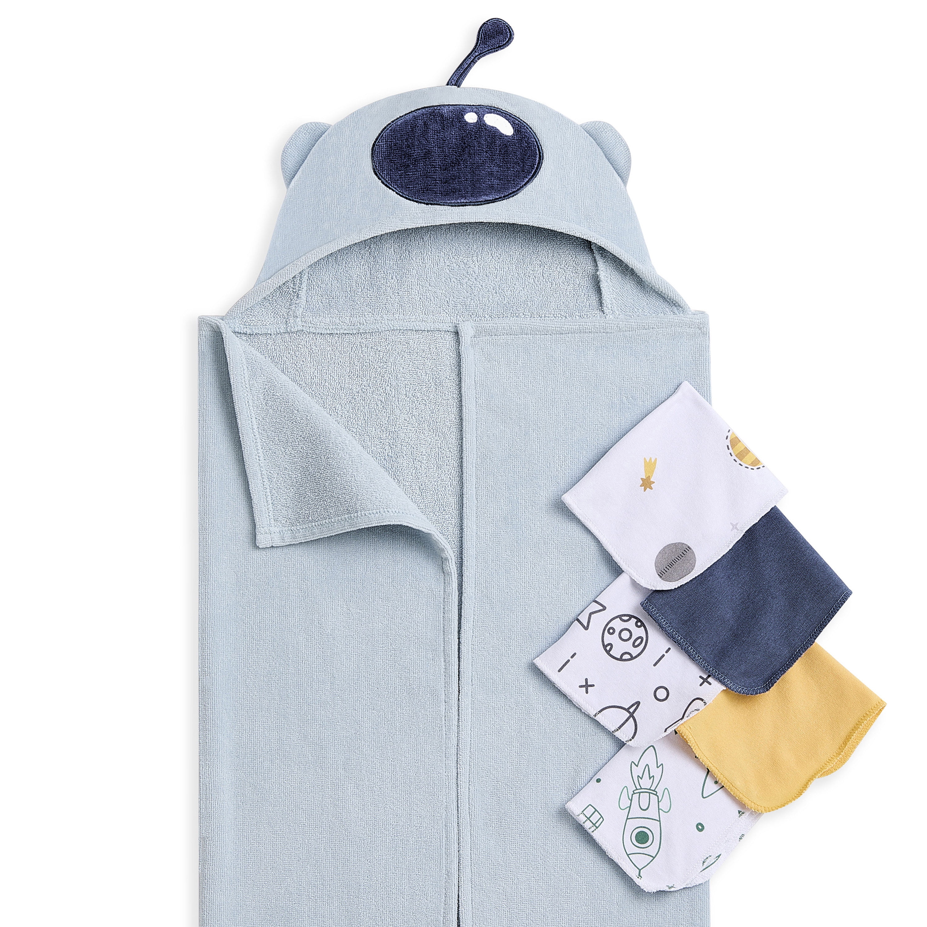 Evolur AstroNap 6 pc Gift Set - Hooded Towel & 5pc Wash Cloths, Space Print