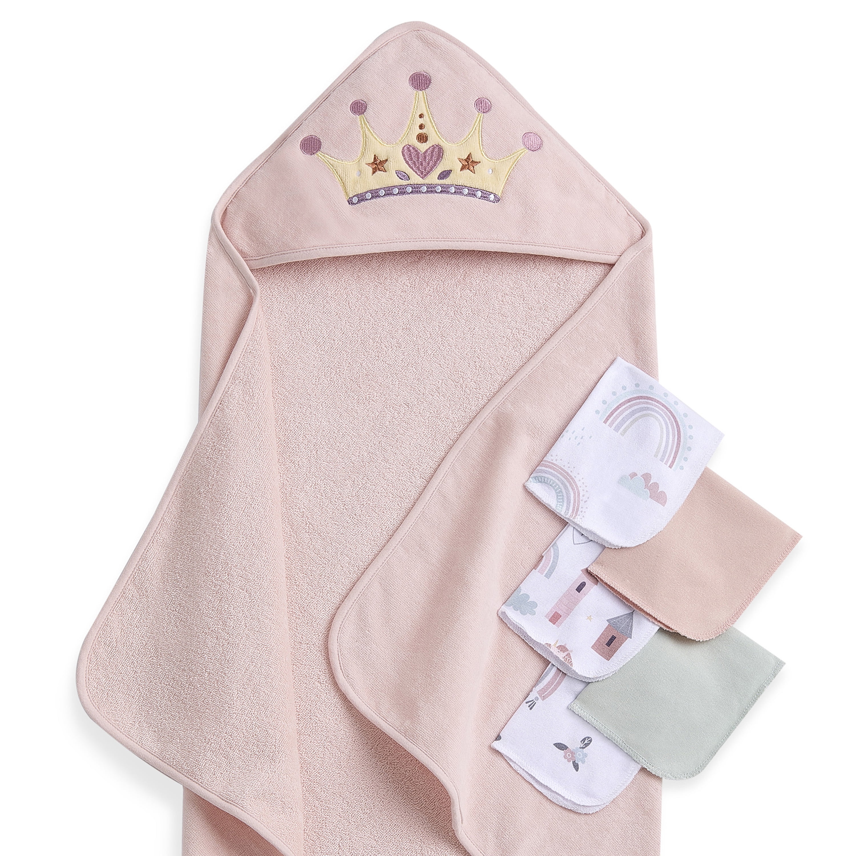 Evolur Enchanted Dreams 6 pc Gift Set - Hooded Towel & 5pc Wash Cloths, Princess Print