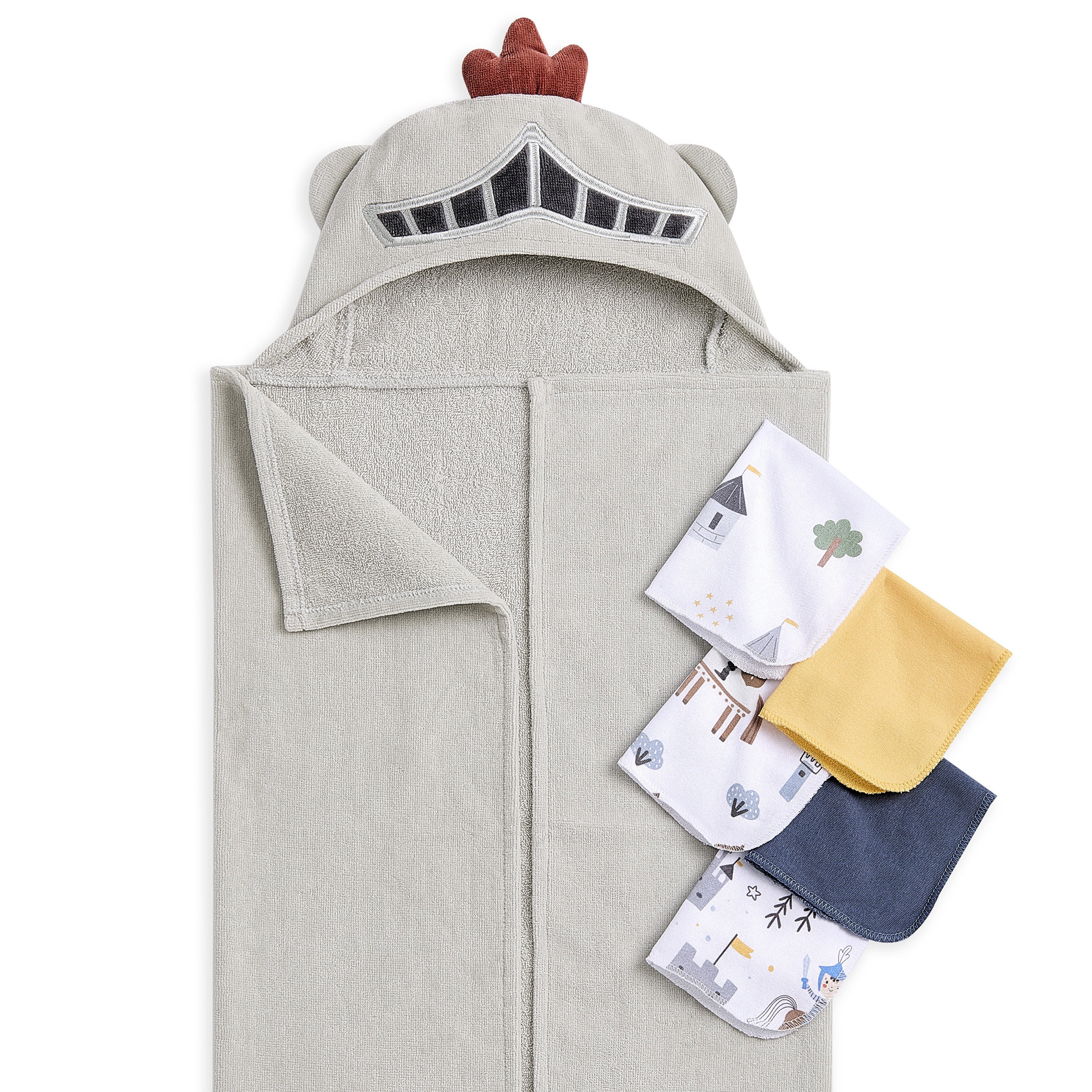 volur Good Knight 6 pc Gift Set - Hooded Towel & 5pc Wash Cloths, Knight Print