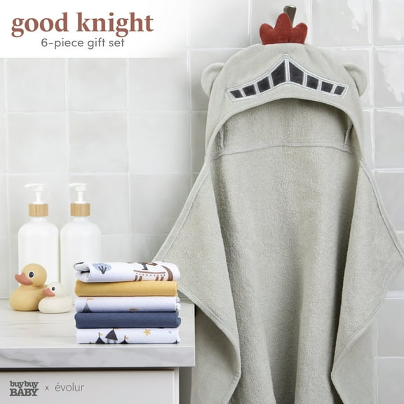 volur Good Knight 6 pc Gift Set - Hooded Towel & 5pc Wash Cloths, Knight Print