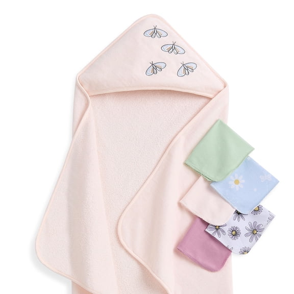 Evolur Secret Garden 6 pc Gift Set - Hooded Towel & 5pc Wash Cloths, Garden Print