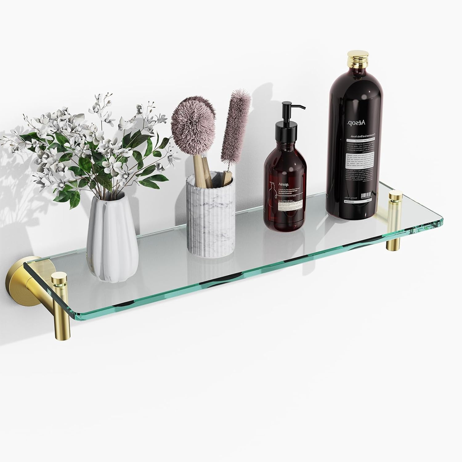 bvuoibou Glass Shelves for Bathroom 16-Inch Chrome Glass Bathroom Shelf