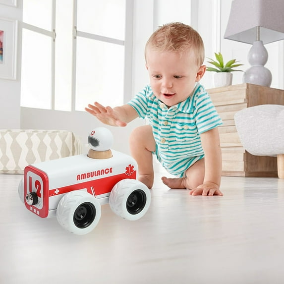 bxhwj Wooden Push Toy Cars for Toddlers 1-3 Years, Fire Truck Ambulance Police Vehicle Set, Montessori Learning Toys for Baby Boys Girls, Eco Friendly Role Play Gift with Rounded Edges