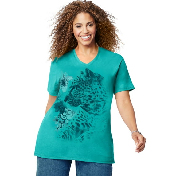 by Hanes Women's Plus Size Printed Short Sleeve V-neck T Shirt
