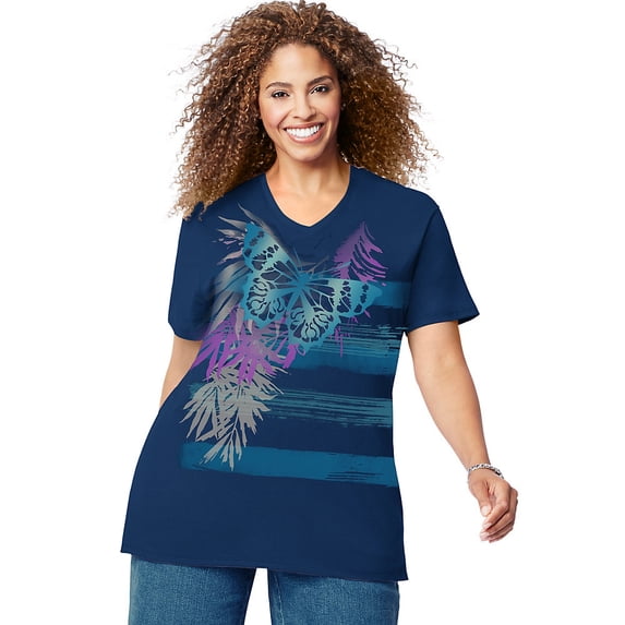 by Hanes Women's Plus Size Printed Short Sleeve V-neck T Shirt