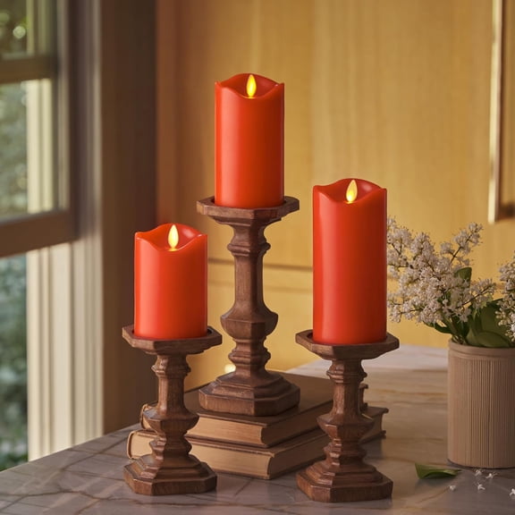 by Luminara Set of 3 (3" x 4.5",5.5",6.5") Flameless Flickering Moving Flame Pillar, Melted Edge, Real Wax Smooth Finish (Bright Red)