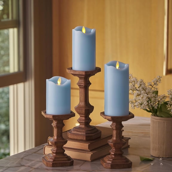 by Luminara Set of 3 (3" x 4.5",5.5",6.5") Flameless Flickering Moving Flame Pillar, Melted Edge, Real Wax Smooth Finish (Pastel Blue)