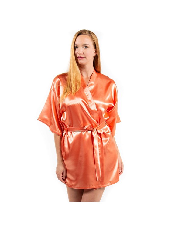 byLora Satin Kimono Robe for Women, Short Silky Bathrobe, Coral, Medium