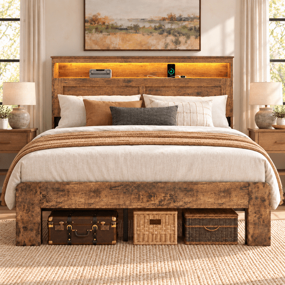 bzbbzc King Bed Frame with Storage Headboard & Charging Station, Wood Platform Bed with RGB LED Lights, No Box Spring Needed, Rustic Brown