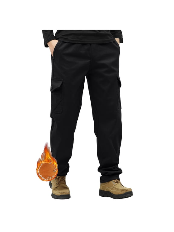 Men's Hiking Pants Fleece Lined Winter Military Work Cargo Pants Oversized Men Thermal Outdoor Tactical Training Warm Black M