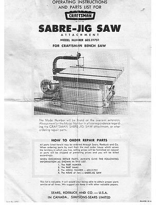 c.1960s Craftsman 605.21751 Sabre-Jig Saw Attachment to Bench Saw REPRINT