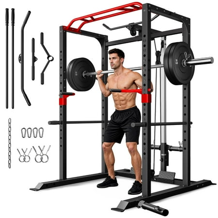 Forgemus Squat Rack for Home Gym,2000lbs Power Rack Squat Machine with LAT Pulldown and More Training Attachments,Weight Rack with Adjustable Pulley System for Full Body Workout,Black
