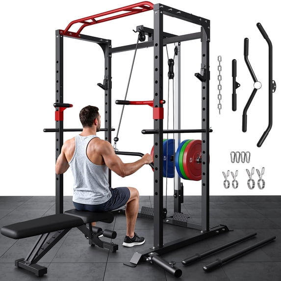 Allviate Squat Rack for Home Gym,2000lbs Power Rack Squat Machine with LAT Pulldown and More Training Attachments,Weight Rack with Adjustable Pulley System for Full Body Workout,Black