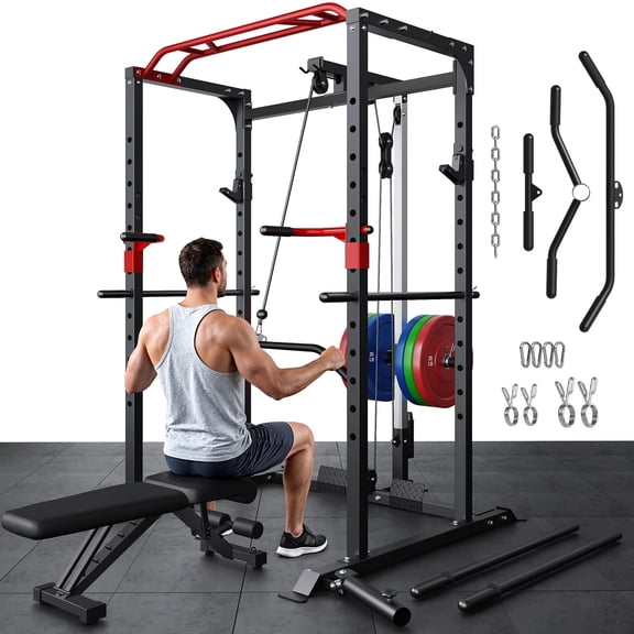 Allviate Squat Rack for Home Gym,2000lbs Power Rack Squat Machine with LAT Pulldown and More Training Attachments,Weight Rack with Adjustable Pulley System for Full Body Workout,Black