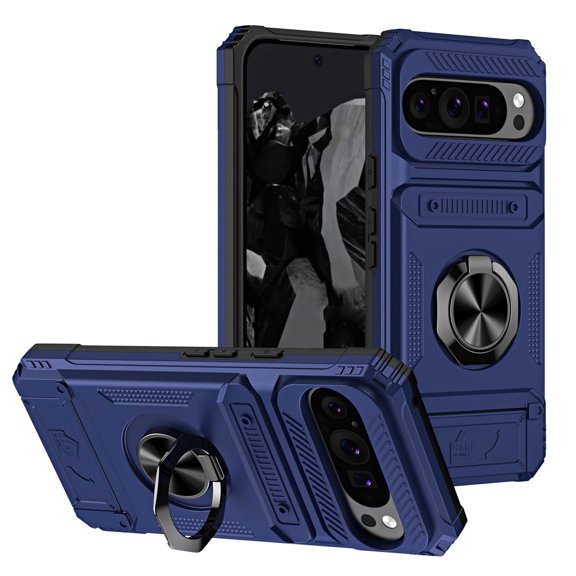 c For Google Pixel 9 Pro XL Phone Case Magnetic bracket Card Holder Rotated Ring Kickstand Heavy Shockproof Wallet Case