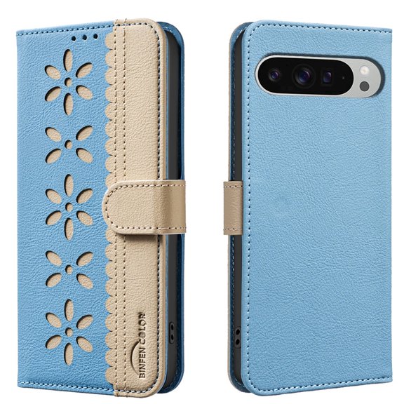 c For Google Pixel 9 Pro XL Wallet Case Flower Floral Pattern Magnetic Leather Flip Cover with Kickstand Protective Case