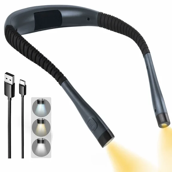 c Neck Reading Light, Rechargeable Book Light for Reading in Bed, 3 Colors & 3 Brightness Dimmable, Bendable Neck Light 80H Lasting, Portable Book Light for Reading, Silver Gray